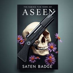 A book cover design featuring a gun intertwined with a skull, surrounded by blooming aster flowers