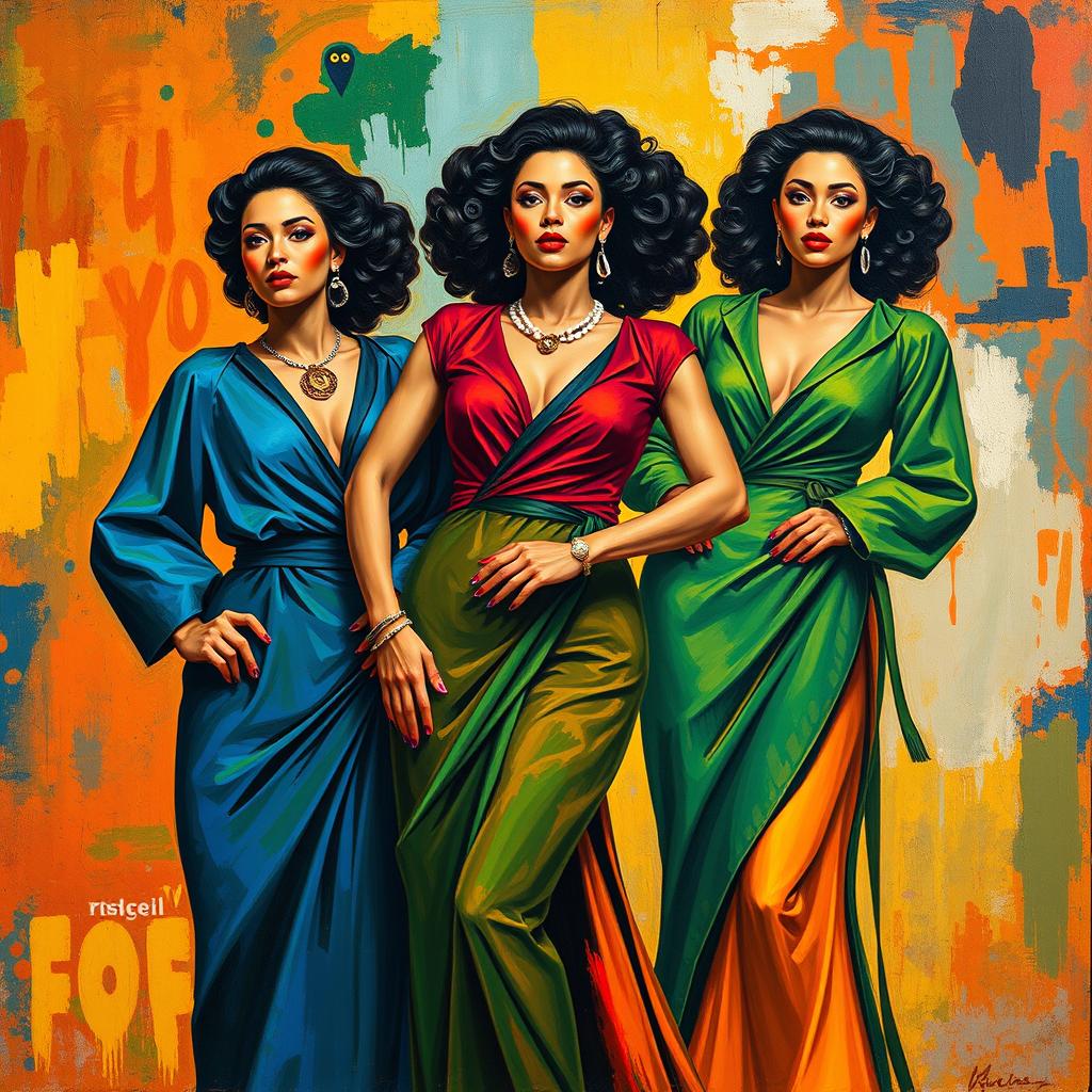 Recreate a scene inspired by the painting "Mulheres Cheguei" featuring powerful and confident women dressed in vibrant, eye-catching colors