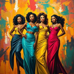 Recreate a scene inspired by the painting "Mulheres Cheguei" featuring powerful and confident women dressed in vibrant, eye-catching colors