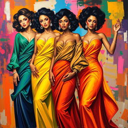 Recreate a scene inspired by the painting "Mulheres Cheguei" featuring powerful and confident women dressed in vibrant, eye-catching colors