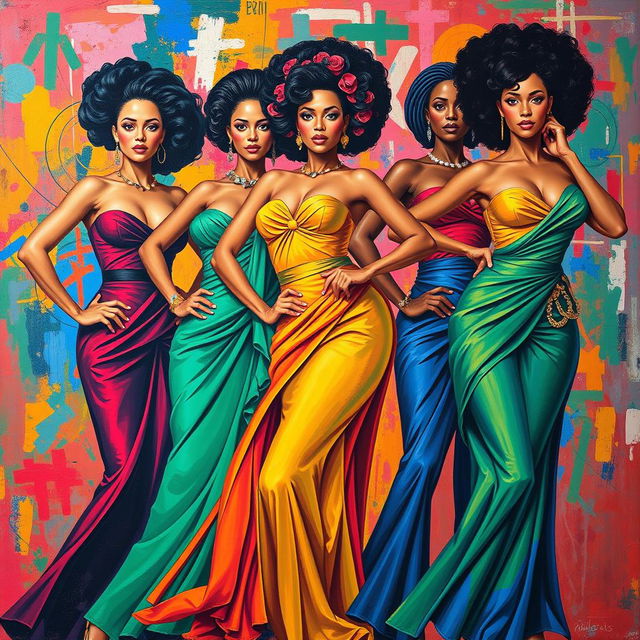 Recreate a scene inspired by the painting "Mulheres Cheguei" featuring powerful and confident women dressed in vibrant, eye-catching colors