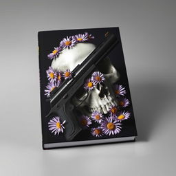 An artistic book cover featuring a gun intertwined with a skull, with aster flowers blooming around them