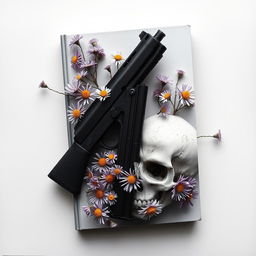 An artistic book cover featuring a gun intertwined with a skull, with aster flowers blooming around them