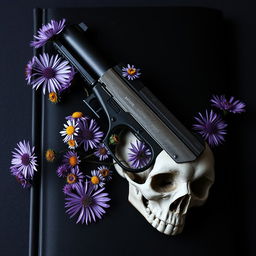 An artistic book cover featuring a gun intertwined with a skull, with aster flowers blooming around them