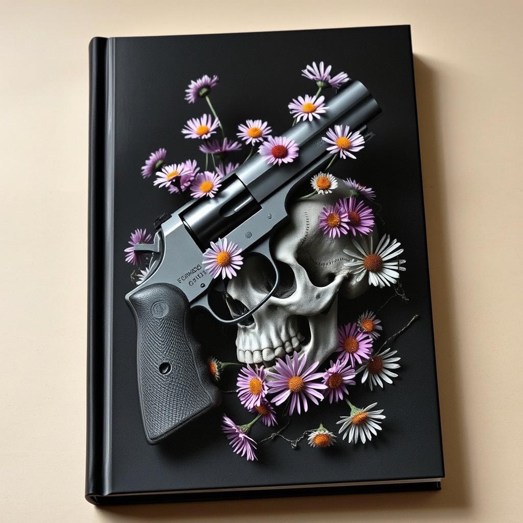 An artistic book cover featuring a gun intertwined with a skull, with aster flowers blooming around them