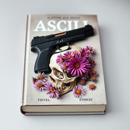 A captivating book cover showcasing a gun and a skull, artistically intertwined and surrounded by blooming aster flowers