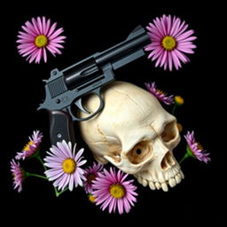 A captivating book cover showcasing a gun and a skull, artistically intertwined and surrounded by blooming aster flowers