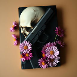 A captivating book cover showcasing a gun and a skull, artistically intertwined and surrounded by blooming aster flowers