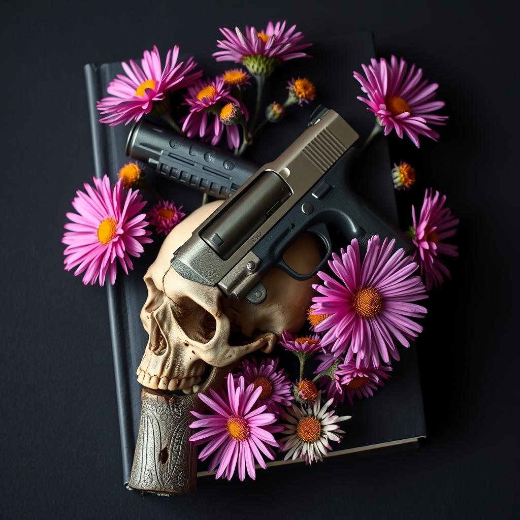 A captivating book cover showcasing a gun and a skull, artistically intertwined and surrounded by blooming aster flowers