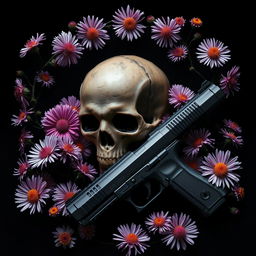 A striking book cover showcasing a dark, ominous skull surrounded by blooming aster flowers