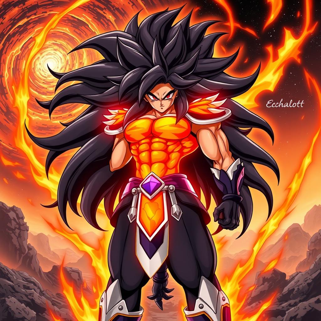 Echalott in the art style of Dragon Ball Super: Broly during her 'Celestial Fury' transformation, inspired by the Super Saiyan God form