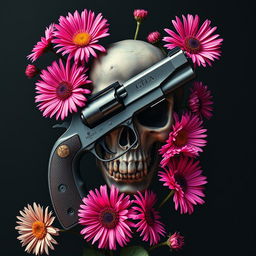 A striking book cover featuring a detailed, modern gun intertwined with a dark, menacing skull