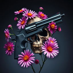 A striking book cover featuring a detailed, modern gun intertwined with a dark, menacing skull