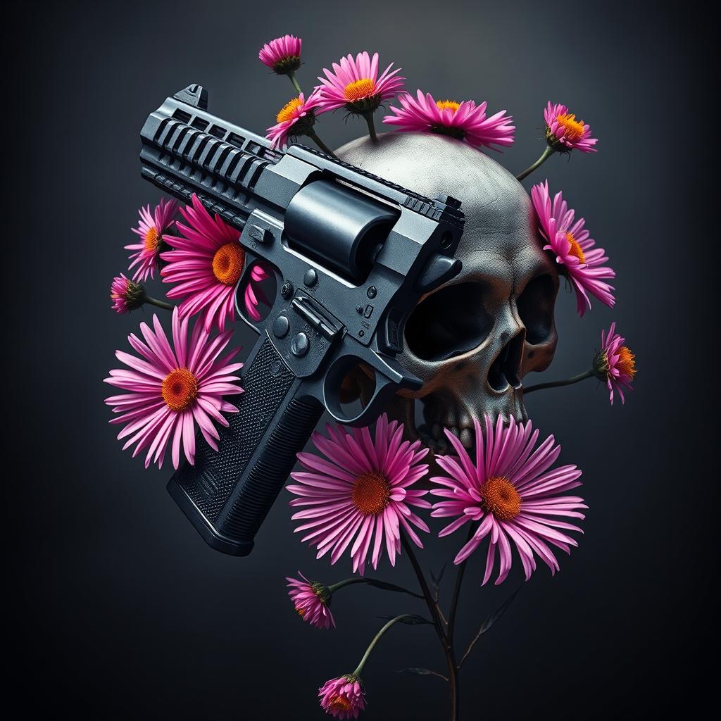 A striking book cover featuring a detailed, modern gun intertwined with a dark, menacing skull