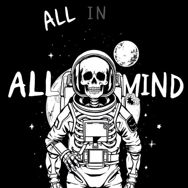 A clothing design featuring a realistic black and white illustration of a skeleton astronaut in his gear