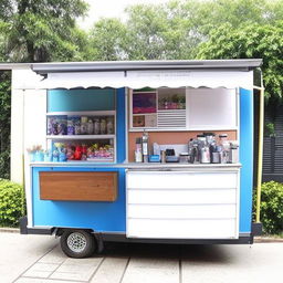 A small mobile shop with dimensions of 5ft by 9ft equipped with various items, designed in a compact yet appealing manner.