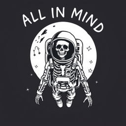 A clothing design featuring a realistic black and white illustration of a skeleton astronaut in his gear