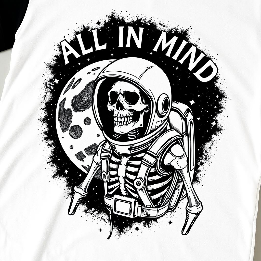 A clothing design featuring a detailed and realistic black and white illustration of a skeleton astronaut in his gear