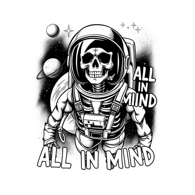 A clothing design featuring a detailed and realistic black and white illustration of a skeleton astronaut in his gear