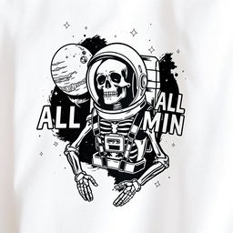 A clothing design featuring a detailed and realistic black and white illustration of a skeleton astronaut in his gear