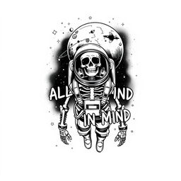 A clothing design featuring a detailed and realistic black and white illustration of a skeleton astronaut in his gear