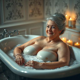 Elderly woman with large breasts gracefully enjoying a relaxing bath in a vintage bathtub filled with bubbles