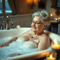 Elderly woman with large breasts gracefully enjoying a relaxing bath in a vintage bathtub filled with bubbles