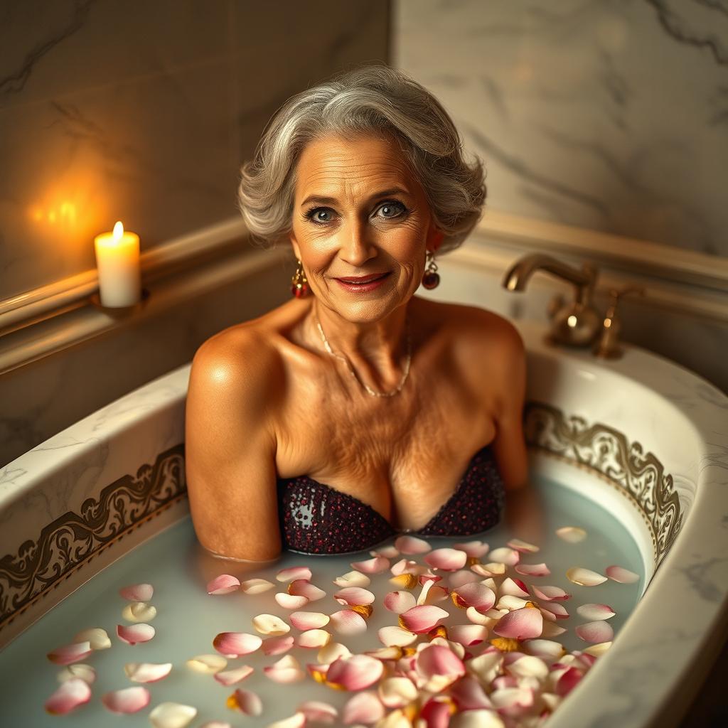 a mature and attractive elderly woman, elegantly posing in a luxurious, candle-lit bathroom