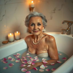 a mature and attractive elderly woman, elegantly posing in a luxurious, candle-lit bathroom