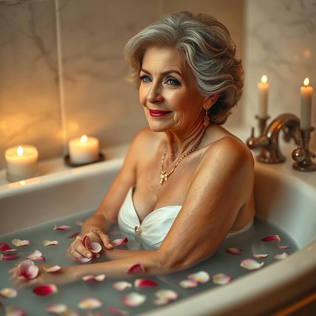 a mature and attractive elderly woman, elegantly posing in a luxurious, candle-lit bathroom