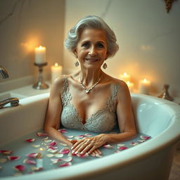 a mature and attractive elderly woman, elegantly posing in a luxurious, candle-lit bathroom