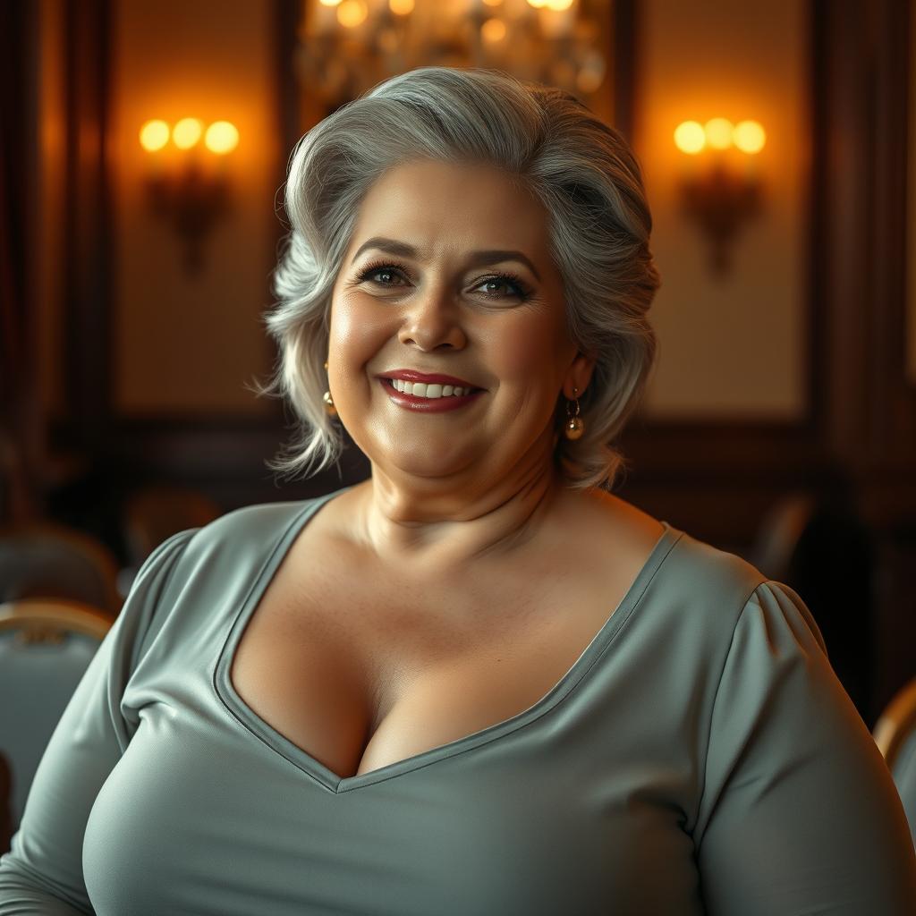 a mature woman with a voluptuous figure grinning confidently, in an elegant and classic setting, surrounded by warm, soft lighting that highlights her graceful features and silver hair, exuding an air of elegance and confidence, captivating gaze, tasteful and sophisticated ambiance