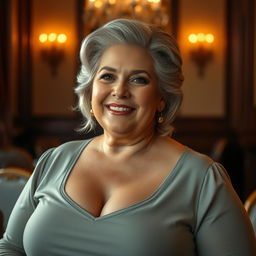 a mature woman with a voluptuous figure grinning confidently, in an elegant and classic setting, surrounded by warm, soft lighting that highlights her graceful features and silver hair, exuding an air of elegance and confidence, captivating gaze, tasteful and sophisticated ambiance