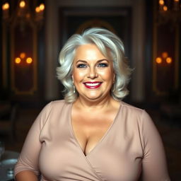 a mature woman with a voluptuous figure grinning confidently, in an elegant and classic setting, surrounded by warm, soft lighting that highlights her graceful features and silver hair, exuding an air of elegance and confidence, captivating gaze, tasteful and sophisticated ambiance