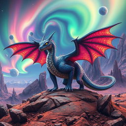 A majestic dragon with four eyes, its scales shimmering in a cascade of vibrant colors, standing on the rugged surface of an alien planet