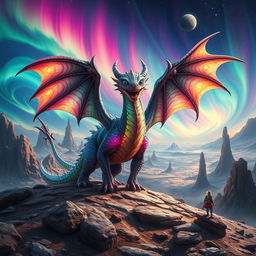 A majestic dragon with four eyes, its scales shimmering in a cascade of vibrant colors, standing on the rugged surface of an alien planet