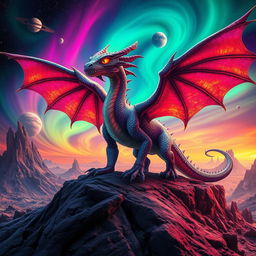 A majestic dragon with four eyes, its scales shimmering in a cascade of vibrant colors, standing on the rugged surface of an alien planet