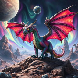 A majestic dragon with four eyes, its scales shimmering in a cascade of vibrant colors, standing on the rugged surface of an alien planet