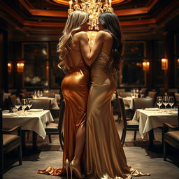 Two sexy busty women, one with long blonde hair and the other with long brunette hair, wearing elegant long shiny evening dresses and high heels, in a passionate embrace at a luxurious restaurant