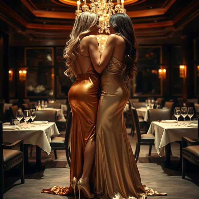 Two sexy busty women, one with long blonde hair and the other with long brunette hair, wearing elegant long shiny evening dresses and high heels, in a passionate embrace at a luxurious restaurant