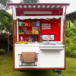 A small mobile shop with dimensions of 5ft by 9ft equipped with various items, designed in a compact yet appealing manner.