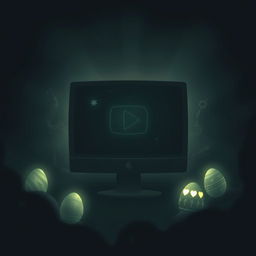 A dark, atmospheric illustration depicting a secret Easter egg on YouTube that unveils a hidden video game