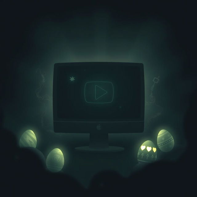 A dark, atmospheric illustration depicting a secret Easter egg on YouTube that unveils a hidden video game