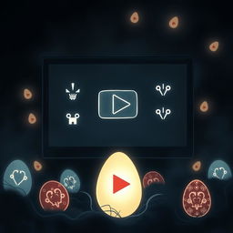 A dark, atmospheric illustration depicting a secret Easter egg on YouTube that unveils a hidden video game