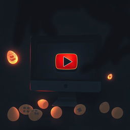 A dark, atmospheric illustration depicting a secret Easter egg on YouTube that unveils a hidden video game