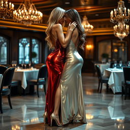 Two sexy busty women, one with long blonde hair and the other with long brunette hair, wearing long sexy shiny evening dresses and high heels, in a passionate embrace in a luxurious restaurant setting