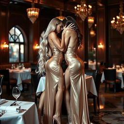 Two sexy busty women, one with long blonde hair and the other with long brunette hair, wearing long sexy shiny evening dresses and high heels, in a passionate embrace in a luxurious restaurant setting