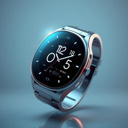 Futuristic smart watch with a sleek, streamlined design, glowing holographic display, advanced touch interface, and a metallic finish