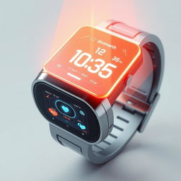 Futuristic smart watch with a sleek, streamlined design, glowing holographic display, advanced touch interface, and a metallic finish