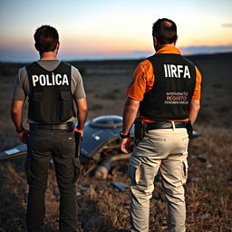 Two investigators examining a crashed UFO in an open field